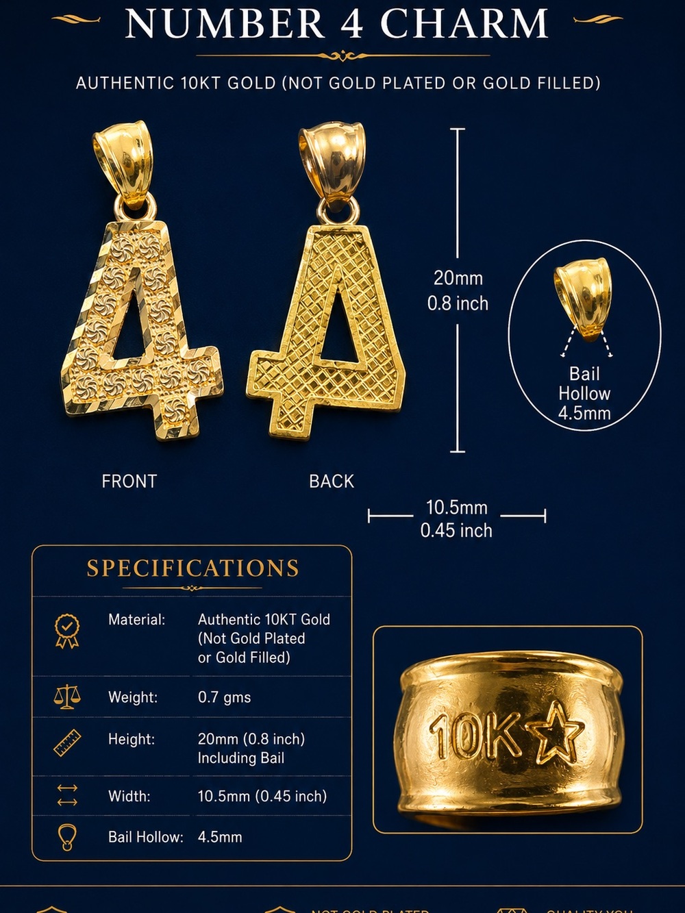 10K Gold Number 4 Charm Pendant - Gold